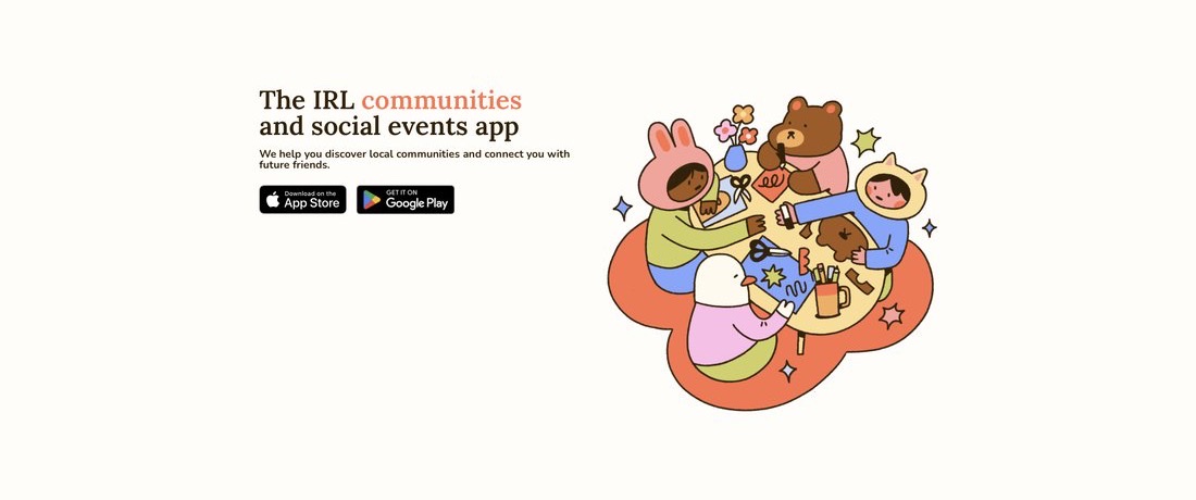 Flock app illustration: friends crafting together around a table, beside the line 'The IRL communities and social events app'